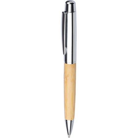 {{Stylo bille twist en acier inoxydable et bambou dans un tube en bambou et aluminium avec une recharge mine bleue grande capacité en métal dans une boîte cadeau kraft.}} - Image principale