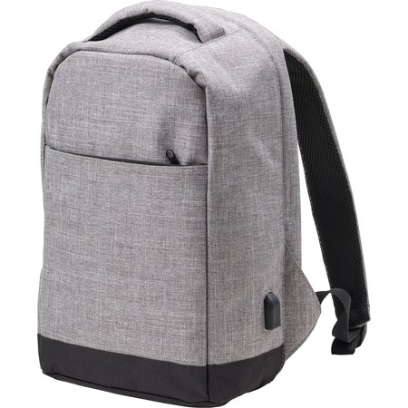 {{Sac à dos porte-ordinateur antivol de 15'' en polyester 600D comprenant de multiples poches intérieures, une poche extérieure zippée au dos et un port USB latéral avec câble.}} - Image principale